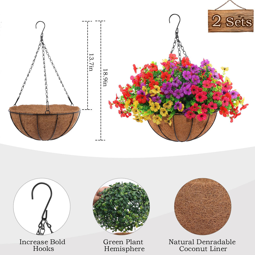 2 Set Artificial Outdoor Flowers with Hanging Basket, 2 Hanging Planters with 24 Pcs Flowers for Spring Summer Front