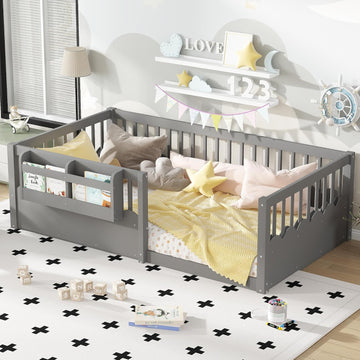 Floor Bed with Bookshelf and Safety Guardrail, Montessori Floor Bed with Fence, Easy Assemble