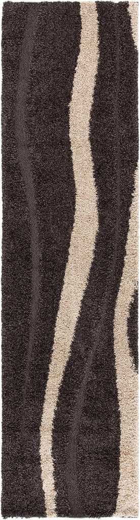 Florida Shag Collection Runner Rug - 2'3" x 7', Dark Brown & Beige, Stripe Design, Non-Shedding & Easy Care, 1.2-inch