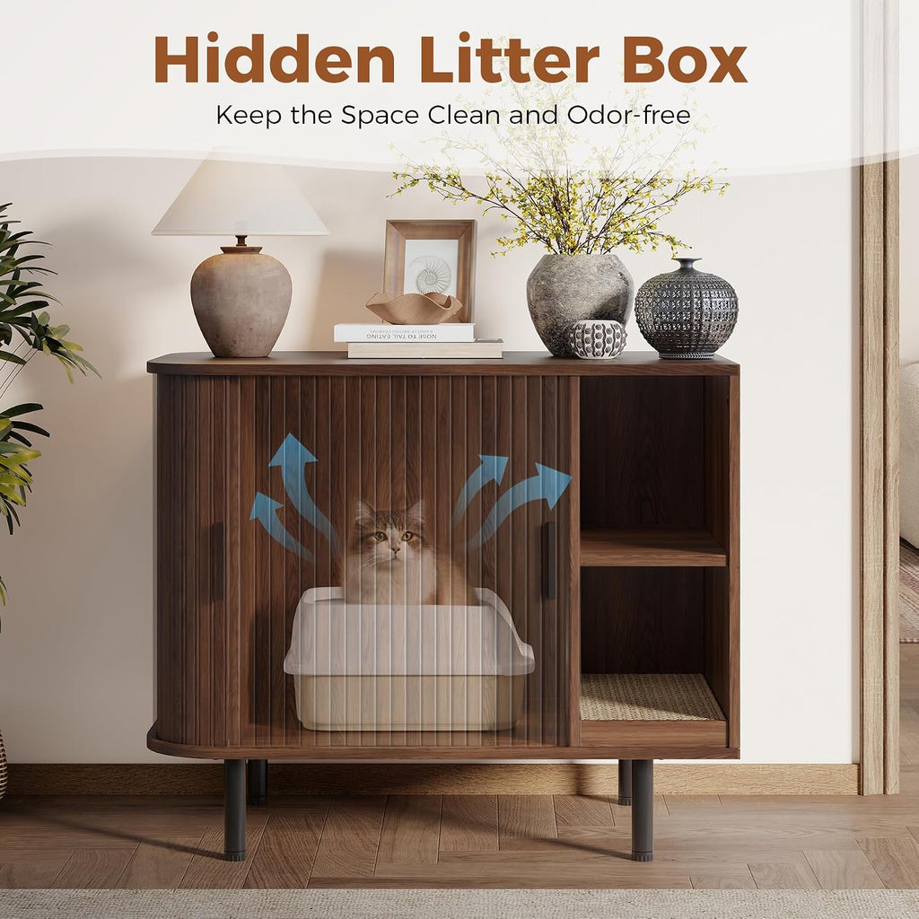Cat Litter Box Enclosure, Kitty Hidden Litter Box Furniture with Scratch Pad, Modern Indoor Cat House, Sliding Door