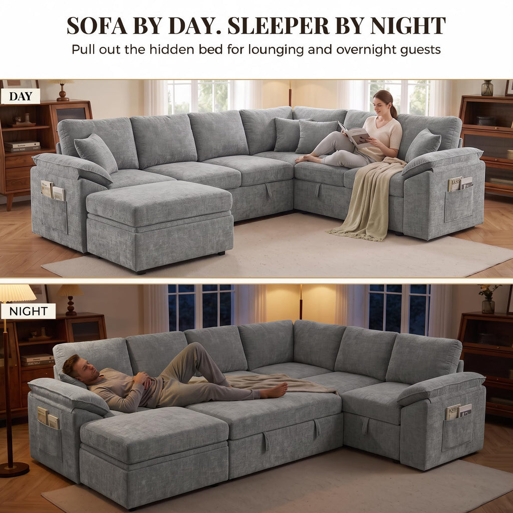Sectional Sleeper Sofa with Pull Out Bed, Sectional Couch, Light Grey