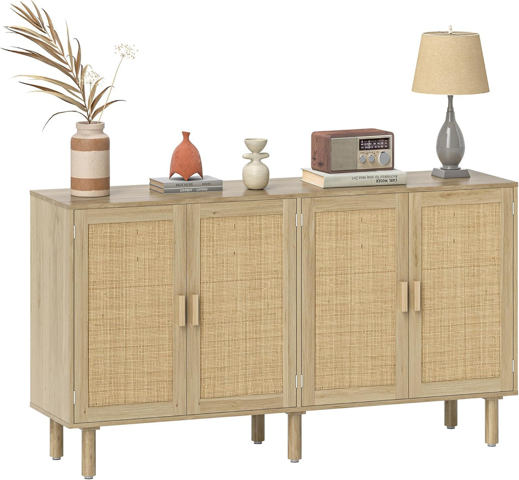Sideboard Buffet Cabinet, 62" Boho Buffet Table, Rattan Coffee Bar Cabinet with 4 Doors and Shelves for Kitchen