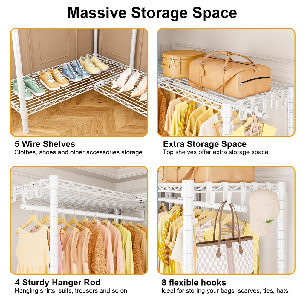E15 Garment Rack L Shaped Clothes Rack for Corner, Freestanding Clothing Racks for Hanging Clothes, Heavy Duty Closet