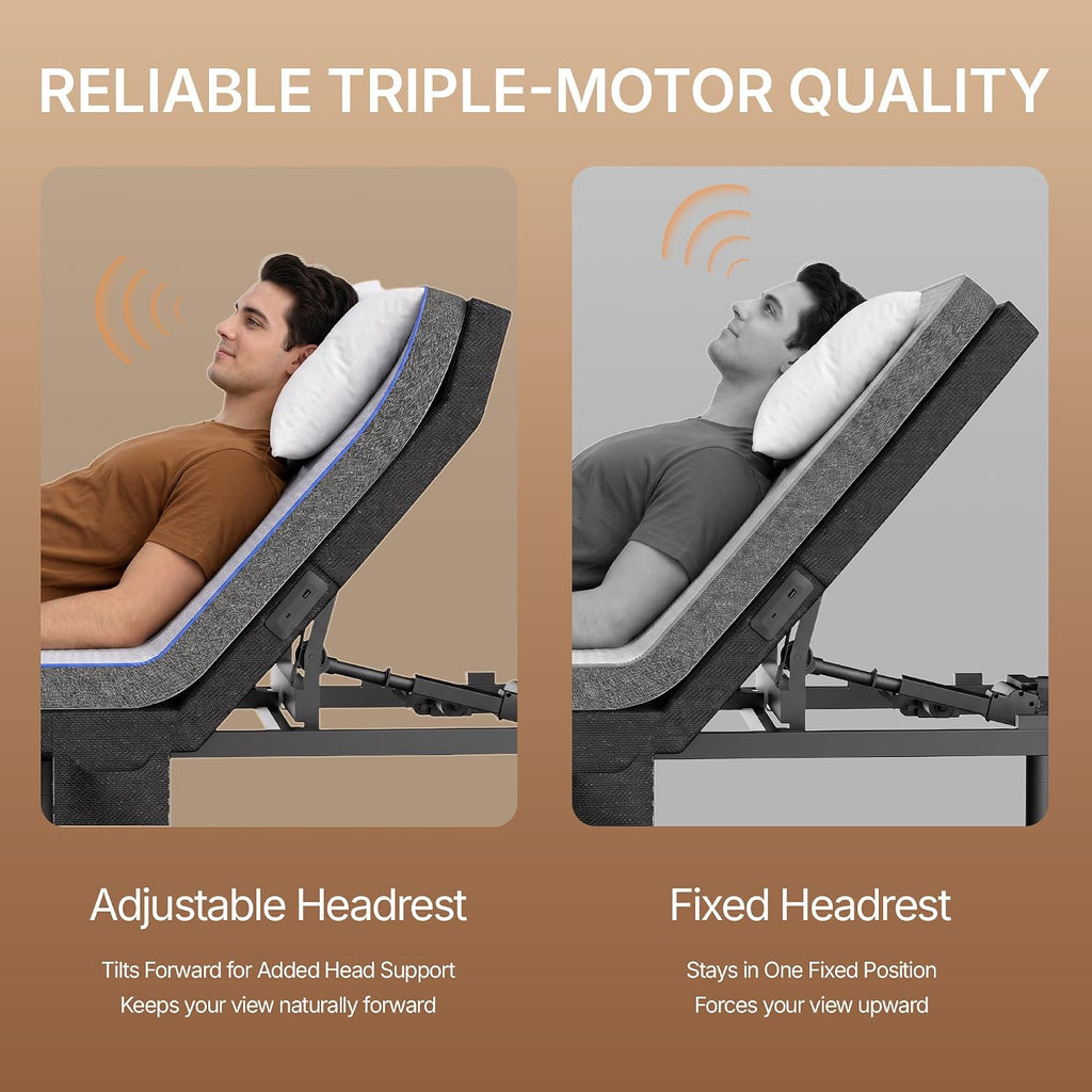 Split King Adjustable Bed Set, 3-Motor Adjustable Bed with Massage, Head & Foot Lift, Headrest Tilt, Zero Gravity - Set of 4