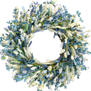 26 Inch Summer Spring Blue Ivory Lavender Flower Wreath for Front Door, Rustic and Farmhouse Wild Flowers Wreath for