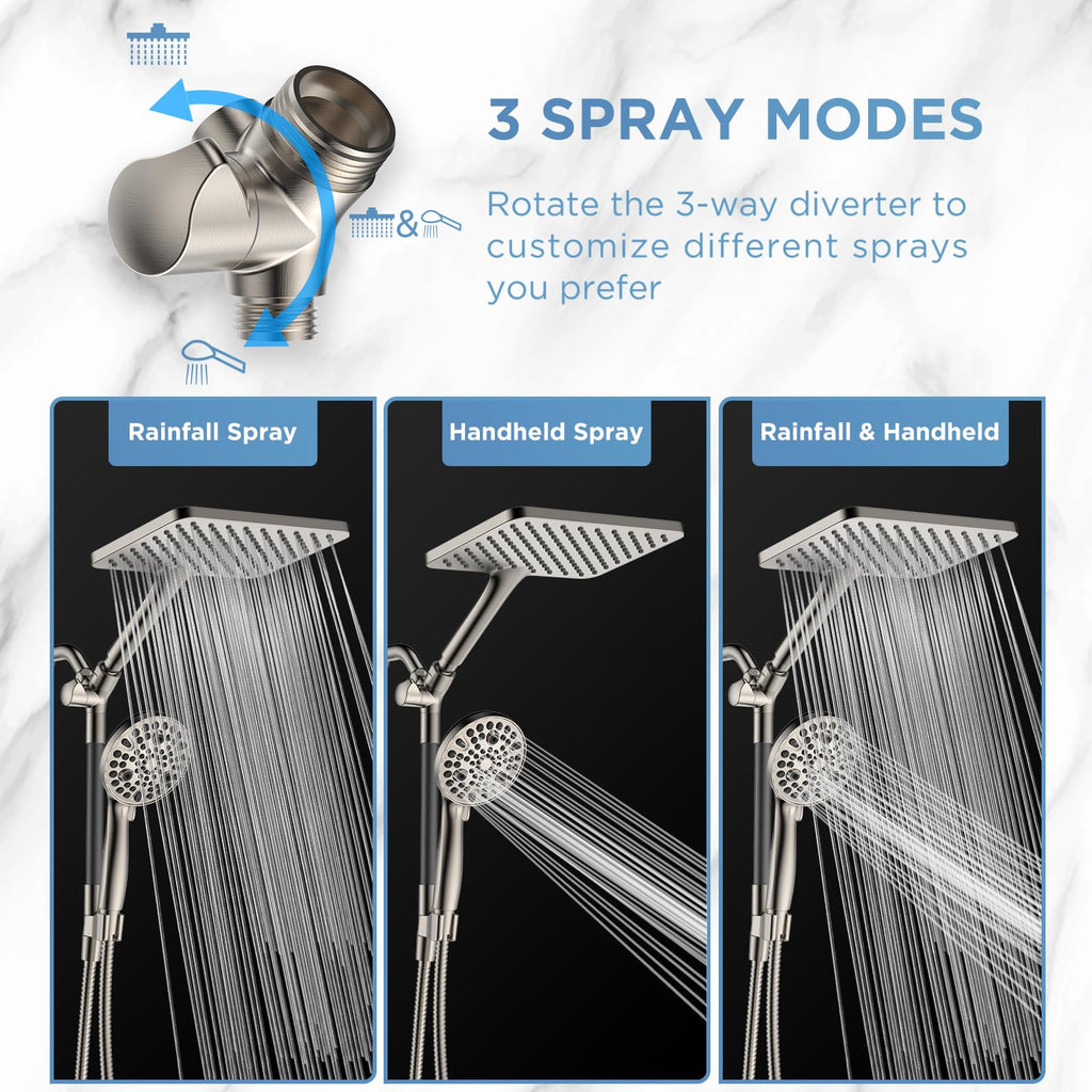 Dual Handheld Shower Head Combo, 2-in-1 Rain Shower Heads System Wide Rainfall Shower Head and 10 Modes High Pressure