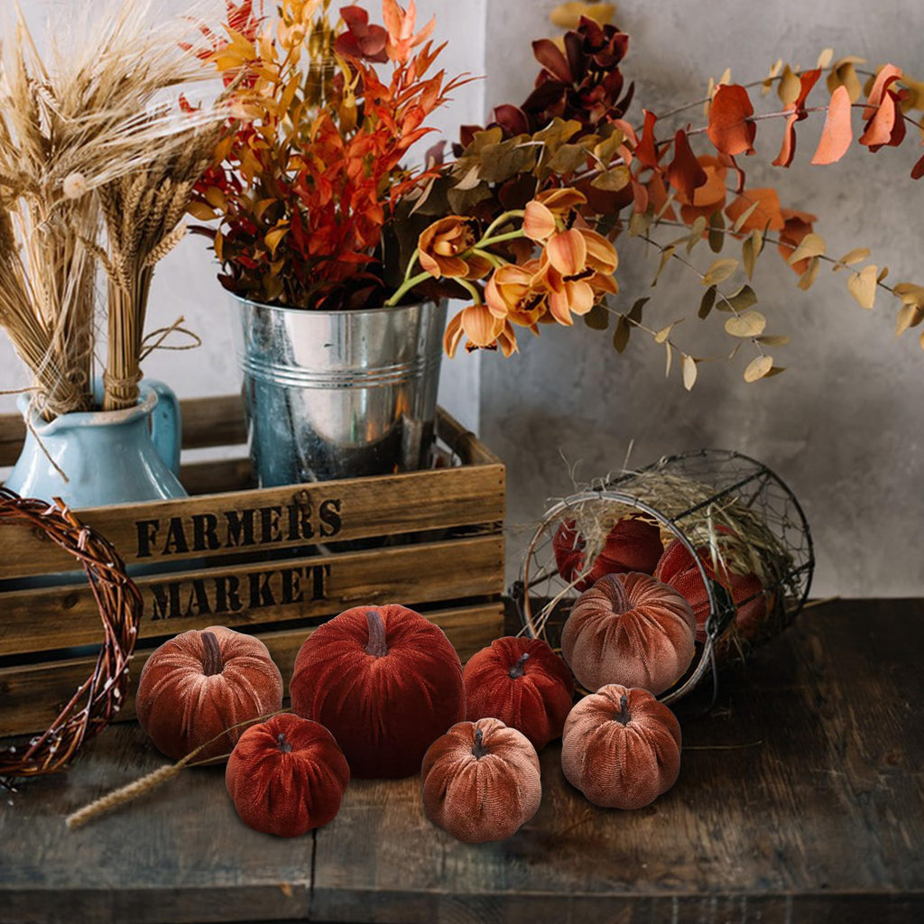 8pcs Artificial Velvet Brown & Champagne Fabric Pumpkins Decor