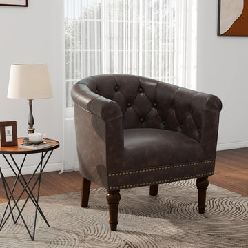 Faux Leather Barrel Accent Chair, Comfy Club Armchair with Solid Wood Legs, Upholstered Single Sofa Chair