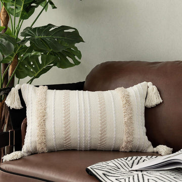 Lumbar Decorative Boho Throw Pillow Cover, 12 x 20 Farmhouse Cute Pillowcase Minimalist Neutral Collection Cream