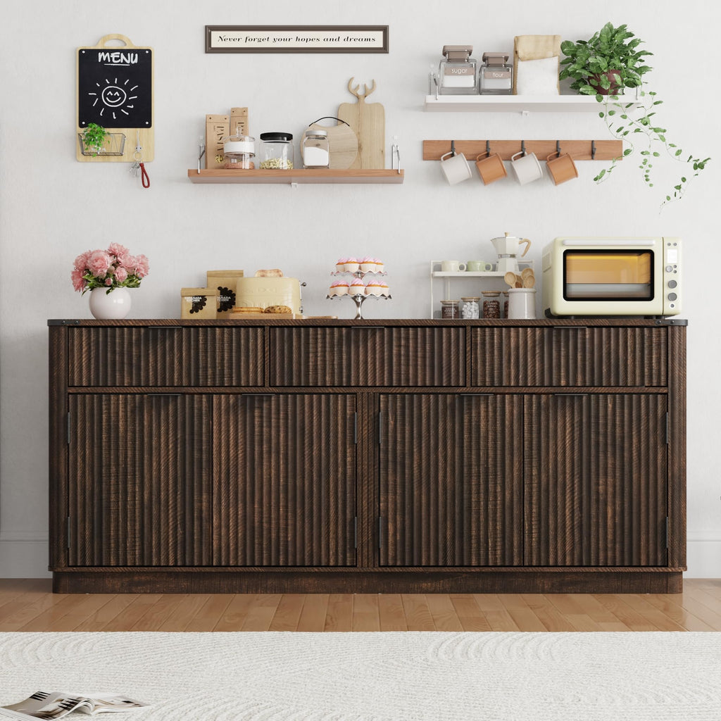 70" Rounded Edge Large Sideboard Buffet Cabinet with 3 Storage Drawers, Farmhouse Kitchen Fluted Sideboard Cabinet w 4