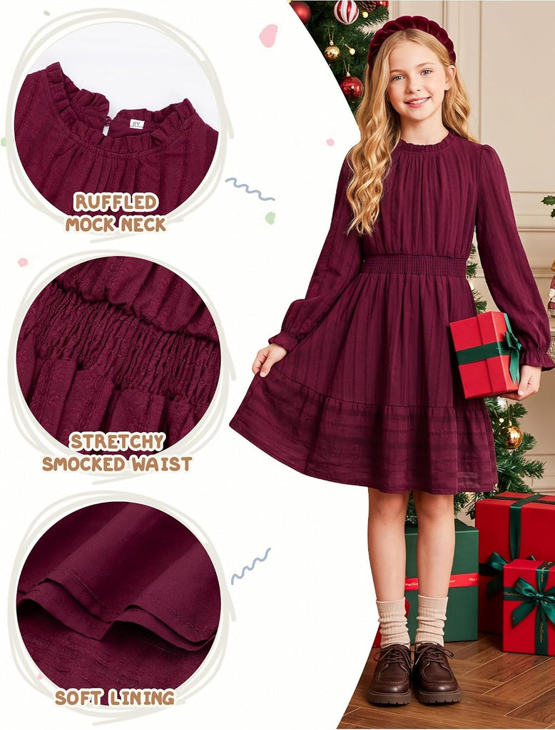 Girls Fall Cotton Dress Ruffle Neck Long Sleeve Casual Dresses