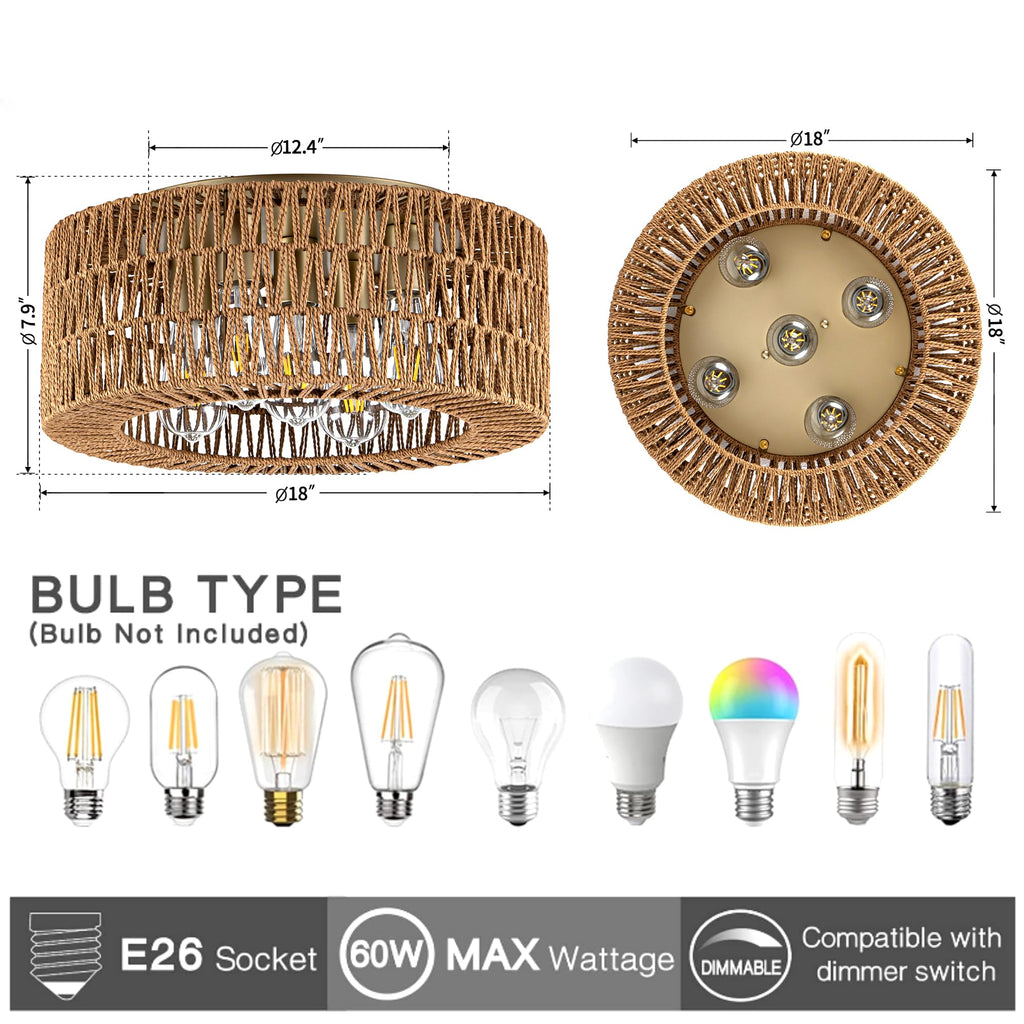 18" Rattan Light Fixture, 5-Light Boho Ceiling Light, Gold Flush Mount Ceiling Light