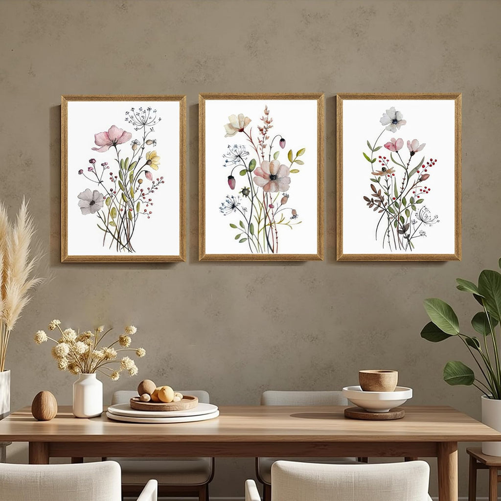 Framed Botanical Canvas Wall Art Set of 3, Watercolor Floral Prints, Framed Flower Wall Decor Bathroom Living Room
