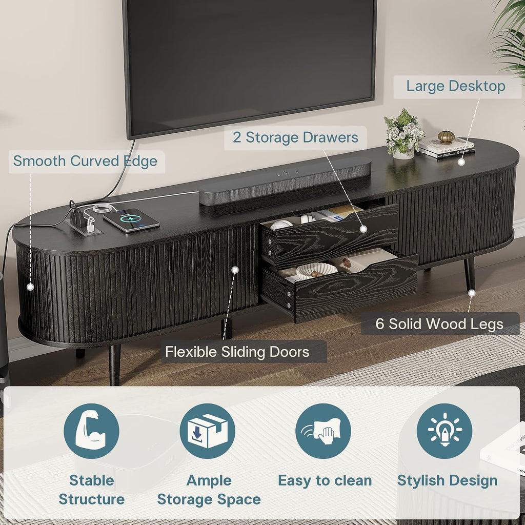 69" Mid Century Modern TV Stand with Power Outlet, Farmhouse Curved Edge TV and Media Console Table with Drawer and