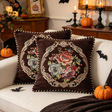 Set of 2 Halloween Vintage Floral Throw Pillow Covers 18x18 Inch, Brown Chenille Embroidered Cushion Cases