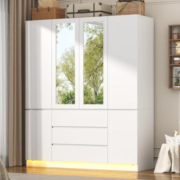 4 Doors Armoire Wooden Wardrobe Closet with 3 Drawers & 2 Mirror, 75"H Clothing Storage Cabinet with Hanging