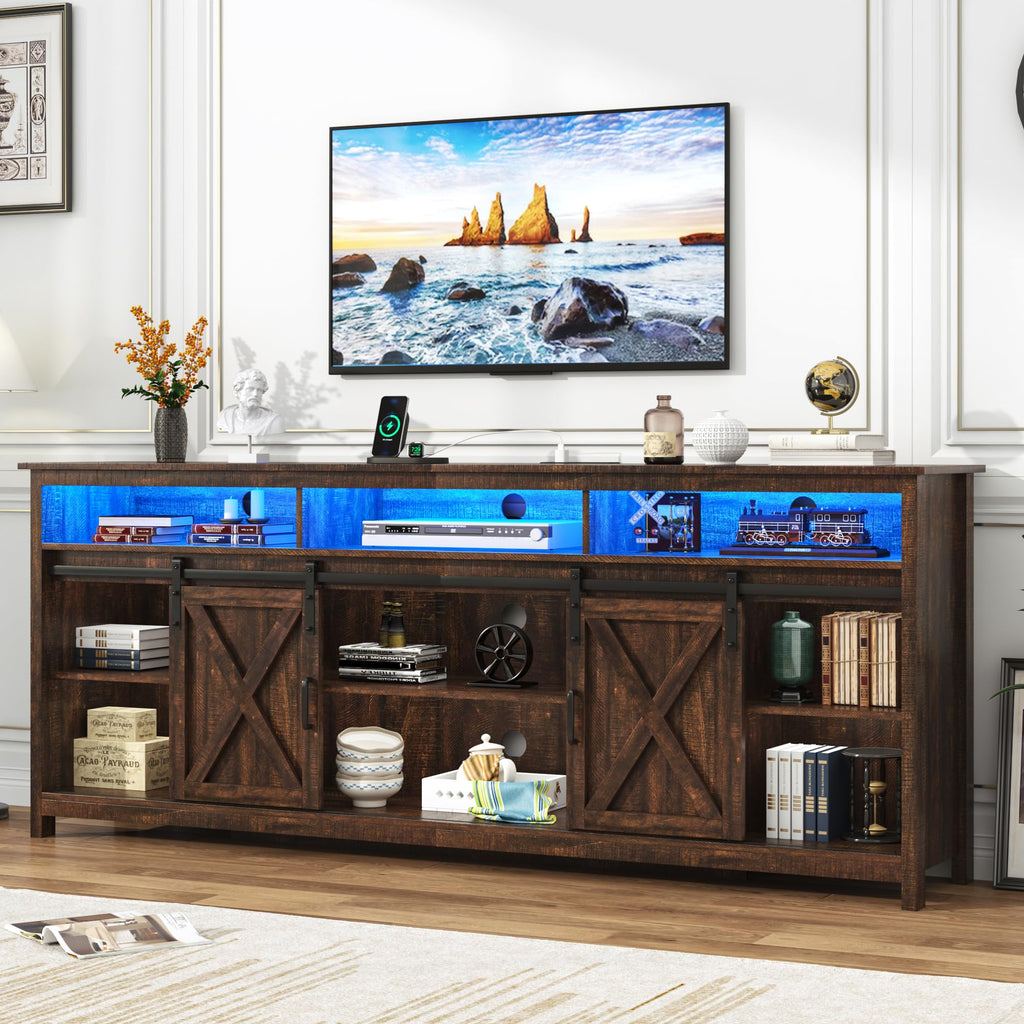 LED Farmhouse TV Stand for 90/85 inch TVs, Rustic Entertainment Center TV Cabinet Stands with Power Outlets, Brown