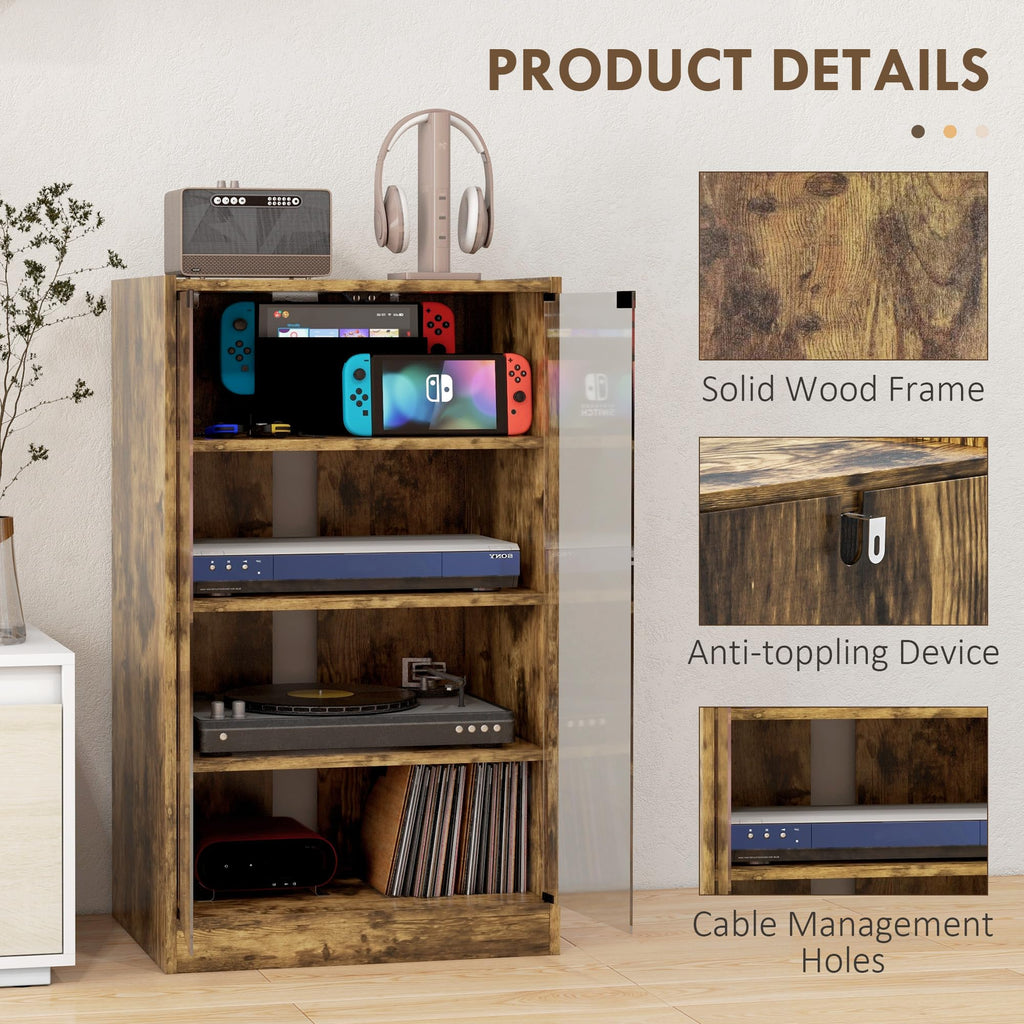 Media Cabinet, 4-Tier Stereo Cabinet, Modern Audio Video Media Stand with Adjustable Shelves, Tempered Glass Doors