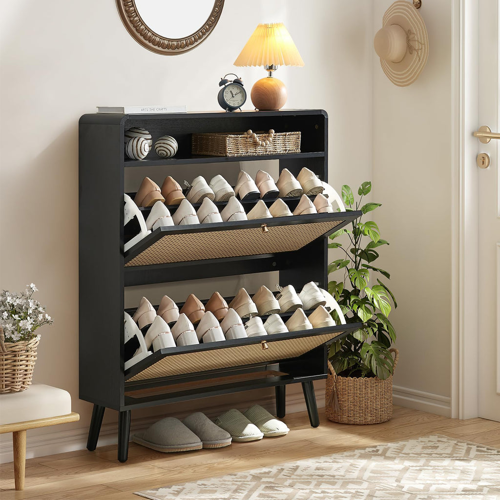 Rattan Shoe Storage Cabinet Set of 2 with 2 Flip Doors, Wood Narrow Shoes Cabinet with Adjustable Shelves