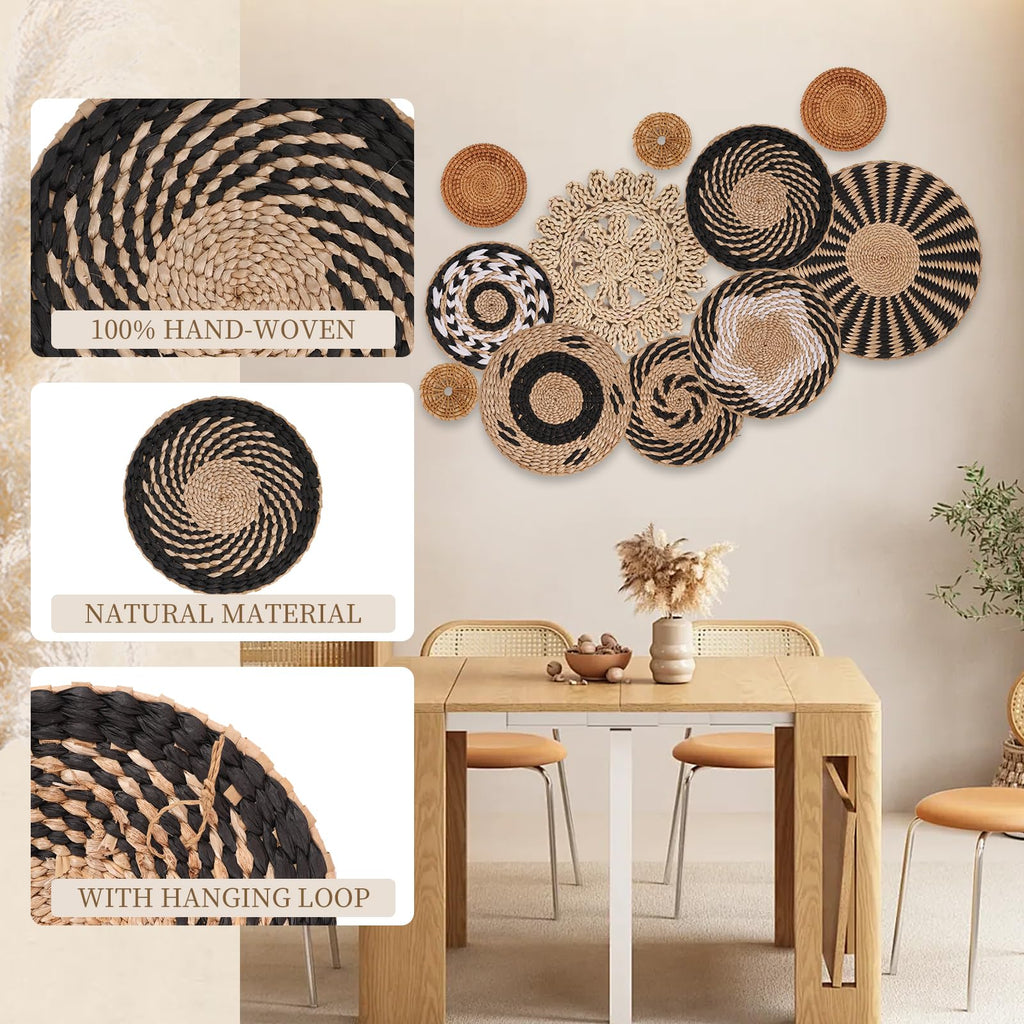 Boho Wall Basket Decor Set of 11 - Hanging Woven Bulrush Basket Wall Decor, Handcrafted Round Flat Baskets Wall Art