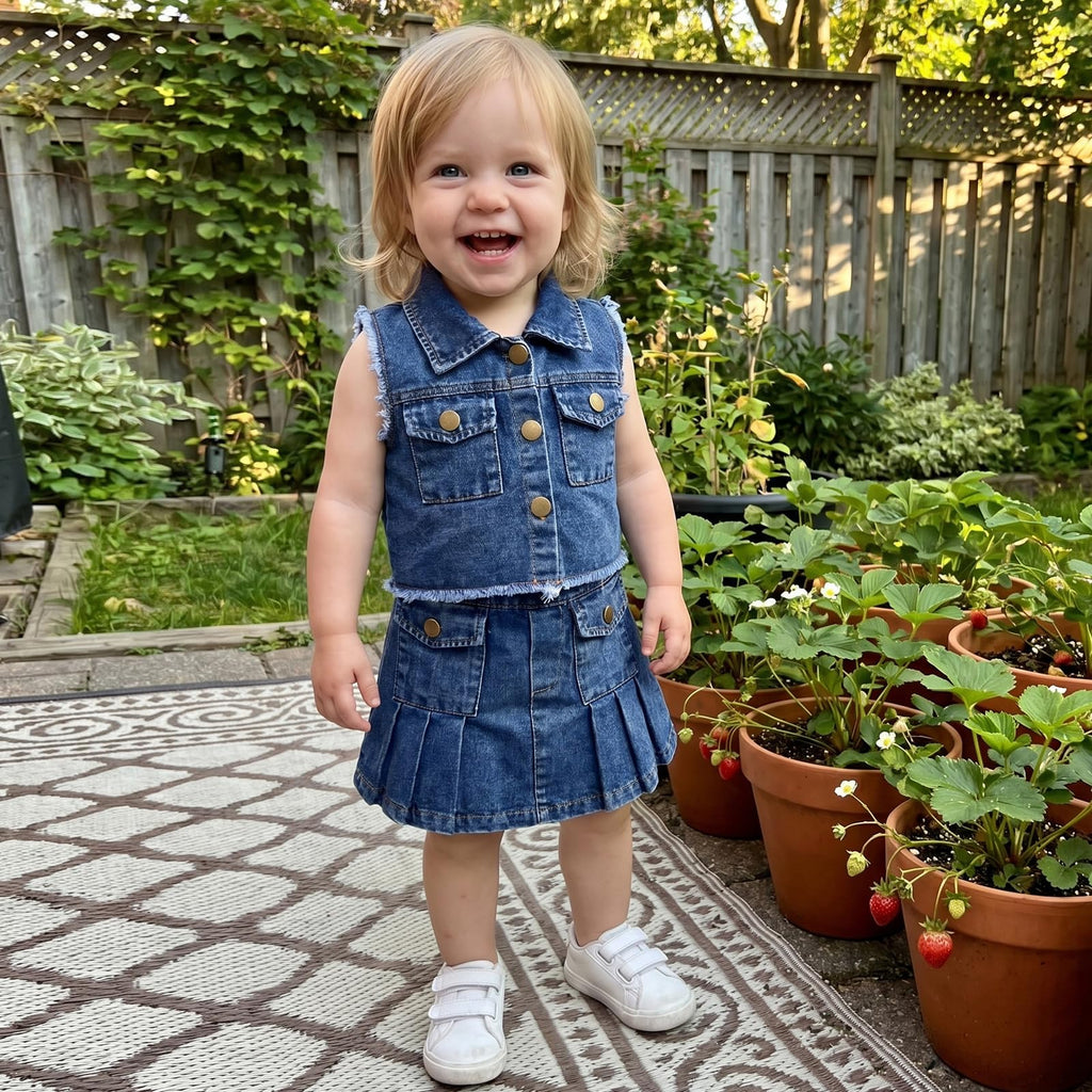 Little Girls Summer Jeans Outfits Denim Sleeveless Button Down Vest Tops Pleated Skirt Kid Toddler Waistcoat Clothes