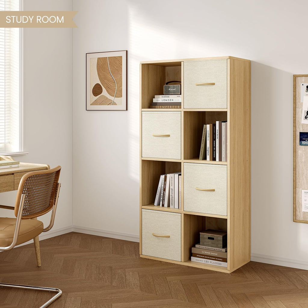 8 Cube Storage Organizer - Solid Wood Bookshelf with 4 Storage Bins, Cube Shelf with 2 Removable Back Panels