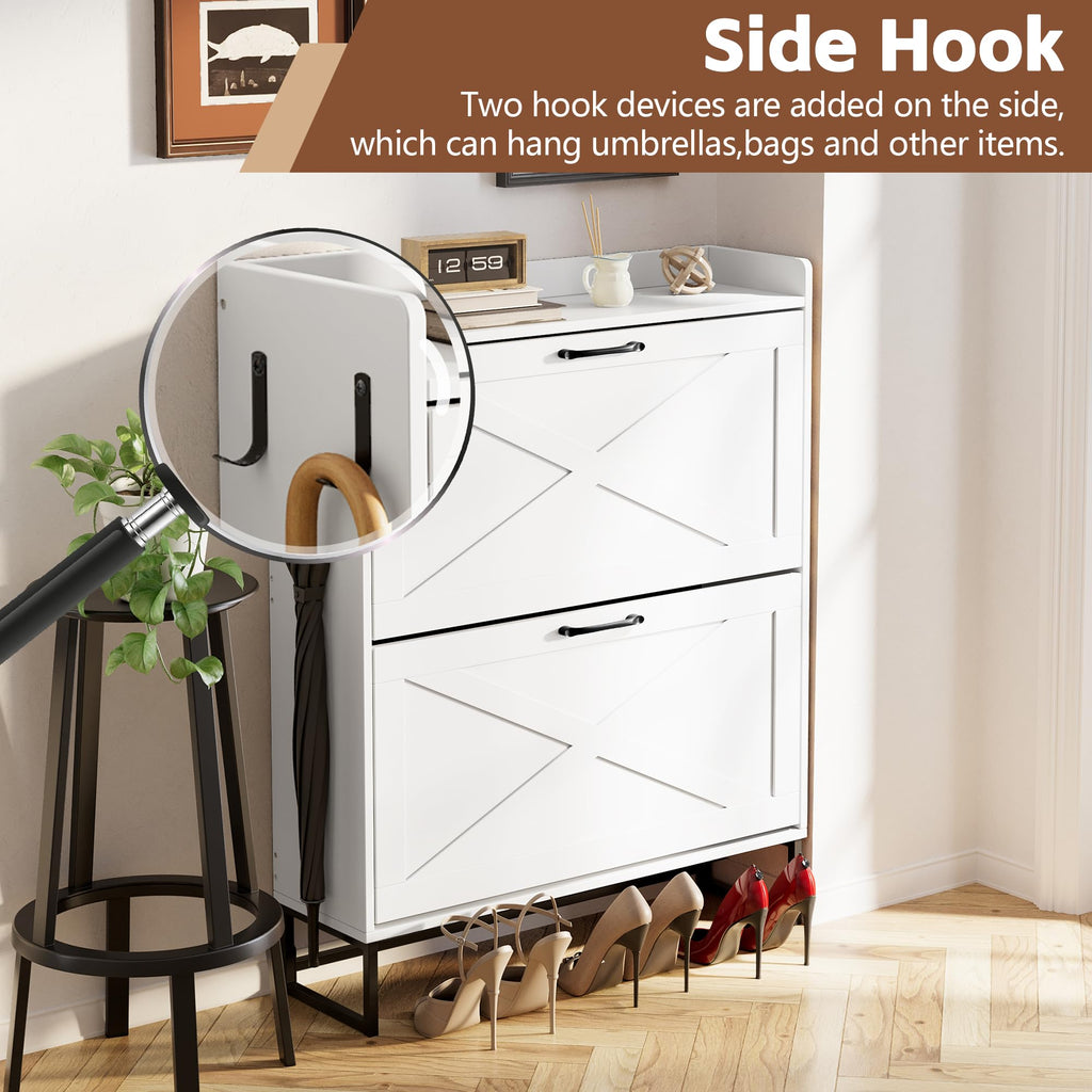 Shoe Cabinet Storage Hidden Shoes Storage Cabinet with 2 Rattan Flip Drawers, Shoes Cabinet with Adjustable Shelves