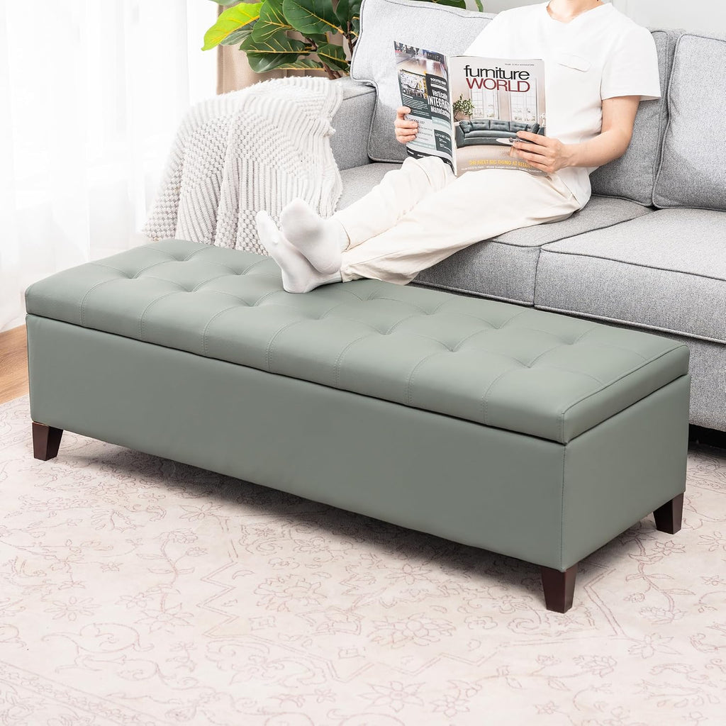 Ottoman with Storage, 51 Inch End of Bed Storage Bench, Faux Leather Upholstered Ottomans with Hinged Lid, Rectangle
