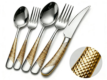 20-Piece Modern Silver Gold Hammered Silverware Set with Ultra Sharp Serrated Knives, 18/10 Stainless Steel