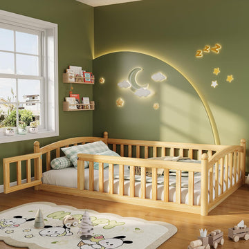 Floor Bed with High Rails, Montessori Bed Frame with Wood Slats and Door, Montessori Floor Bed for Kids