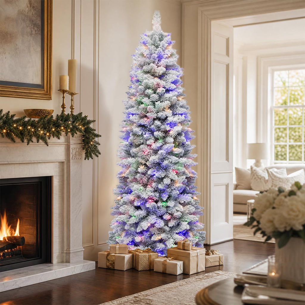 7.5ft Prelit Slim Flocked Christmas Tree with 240 Multicolor LEDs