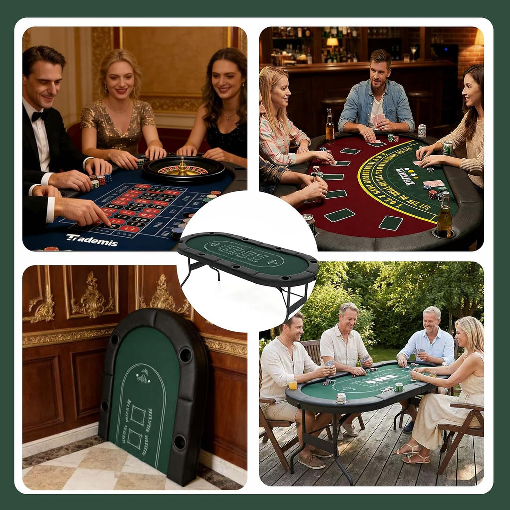 8 Player Foldable Poker Table Top 4-in-1 Casino Game Set for Texas Hold'em, Blackjack, Hi-Lo Dice & Roulette