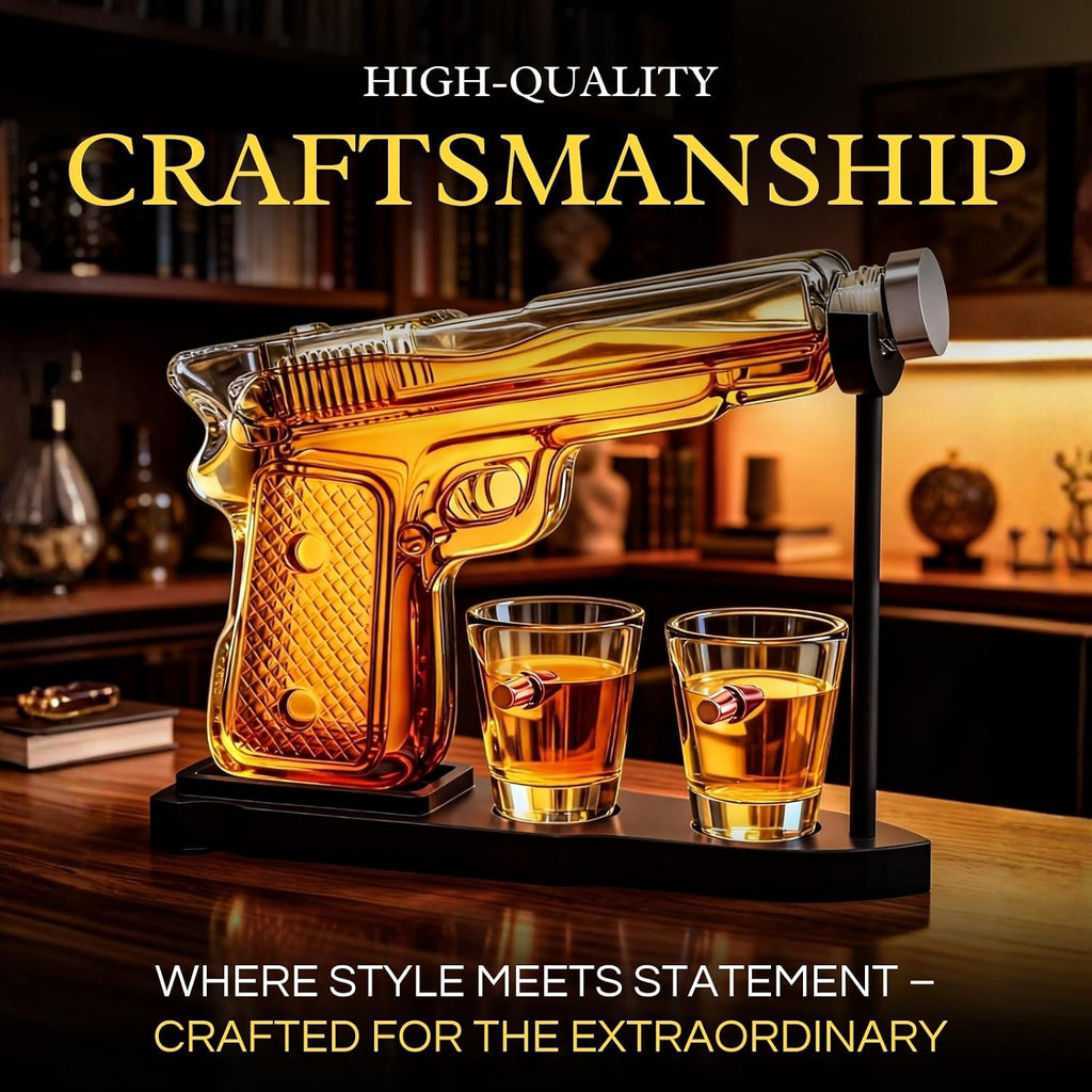Whiskey Gun Decanter Set + 2 Bullet Glasses - Birthday Pistol Gifts for Men, Boyfriends Who Have Everything, Whiskey