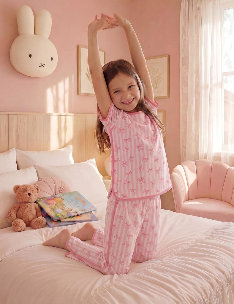 Girls Pajamas Organic Cotton Loose Fit Kids Pjs 2 Piece Sleepwear Short Sleeves & Long Pants Girls Clothes