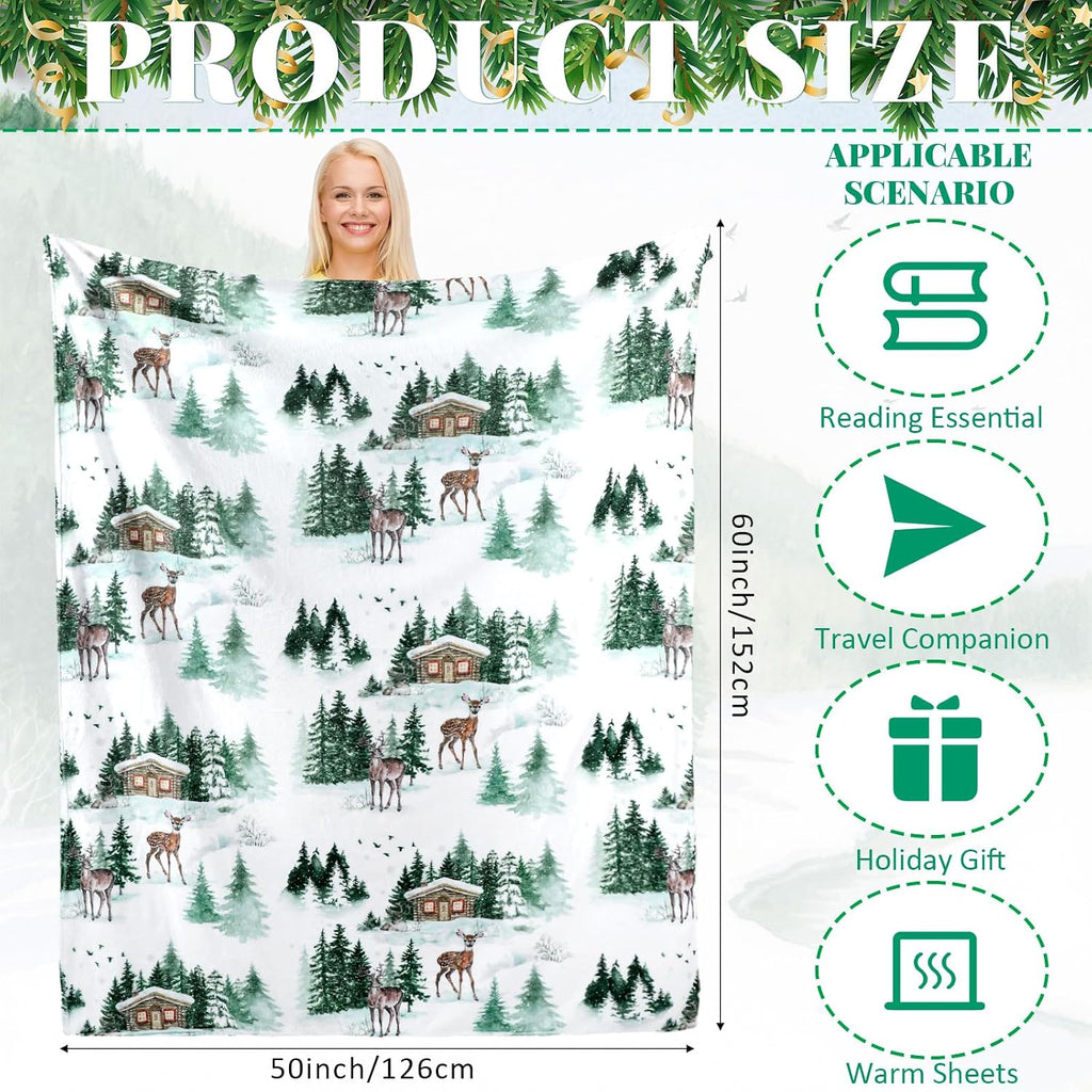 Christmas Tree Elk Flannel Throw Blanket 60"x50", Winter Throw