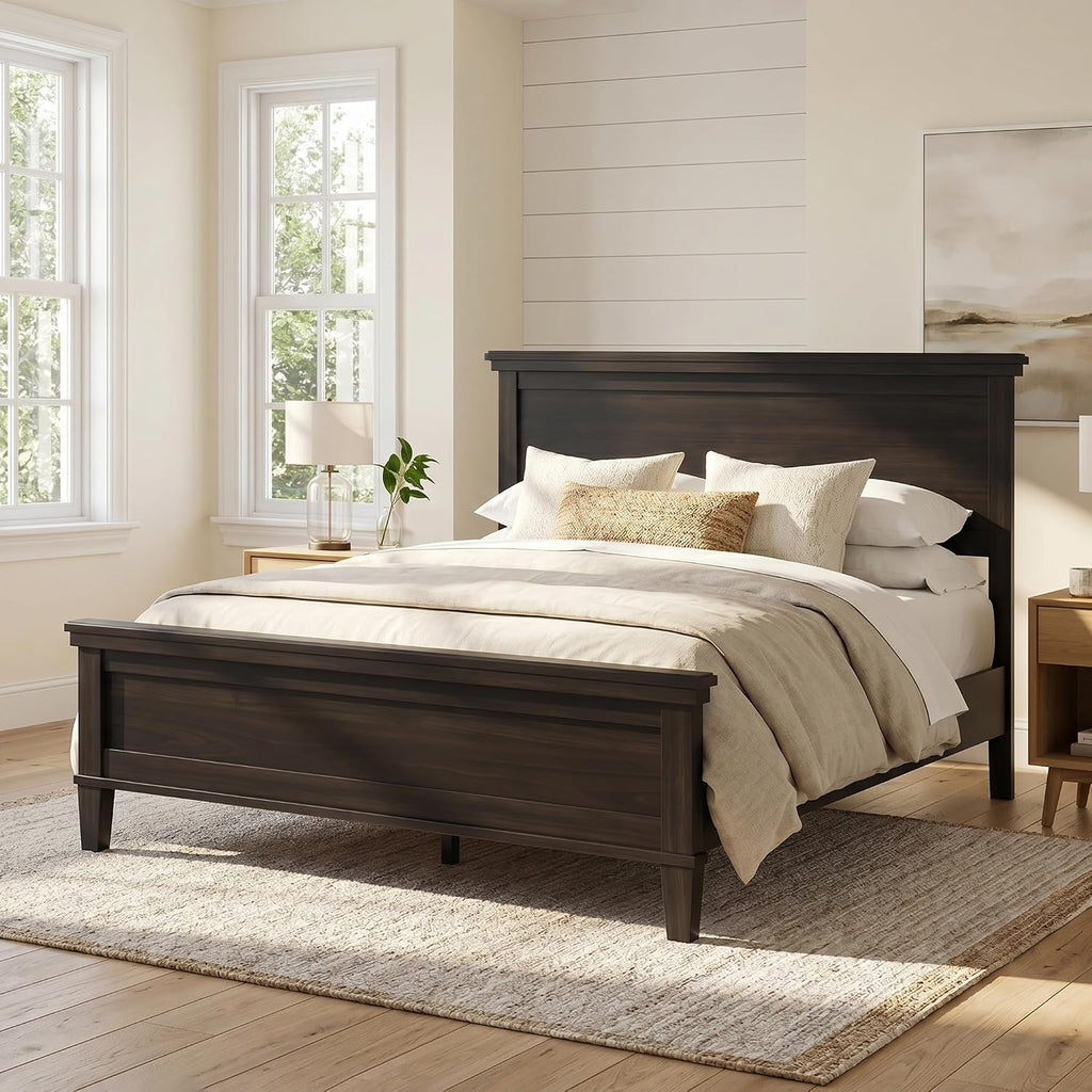 King Wood Bed Frame with Headboard, Mid-Century Modern Platform Bed, Farmhouse Style Bed with Under-Bed Storage, Wood