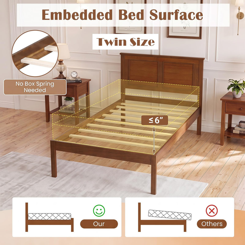 Twin Size Bed Frame, Farmhouse Wooden Platform Bed with Headboard