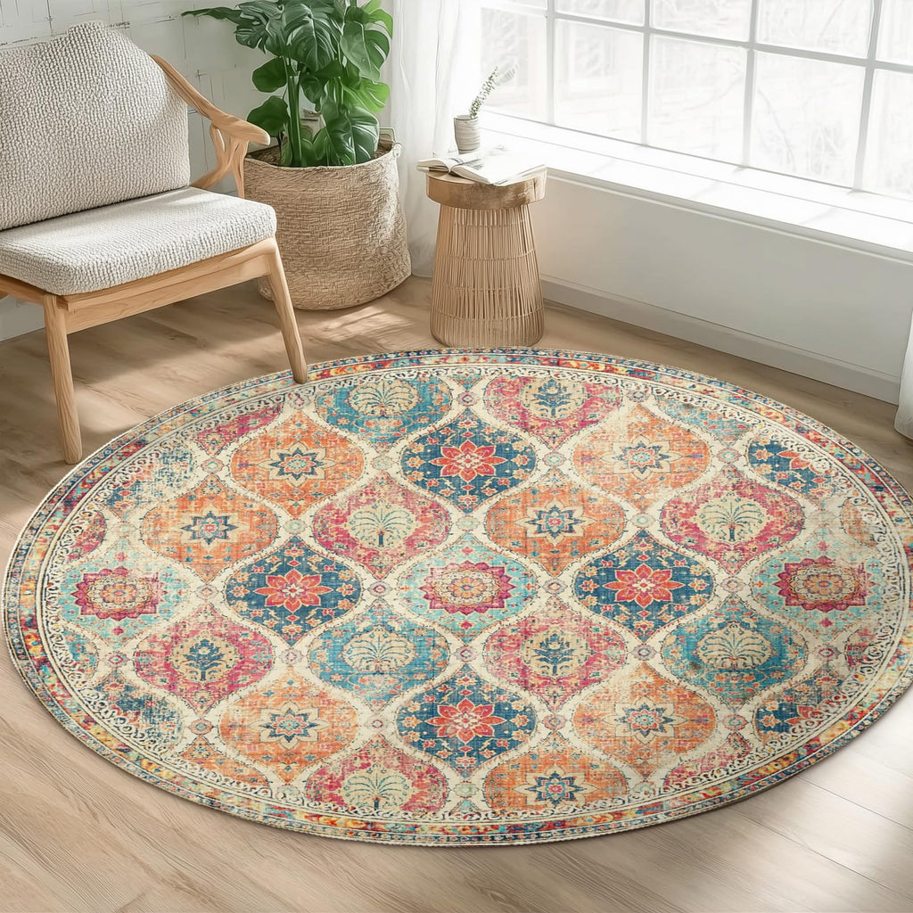 Orange Boho Round Area Rug 4ft, Machine Washable Bohemian Oriental Round Rug Non-Slip Colorful Moroccan Farmhouse
