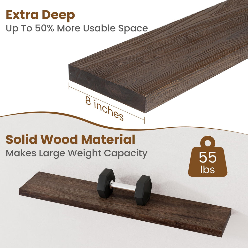 Floating Shelves for Wall, 8" Deep Elm Wood Shelves, 40in Set of 1, Walnut