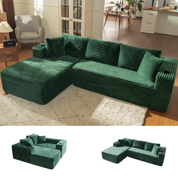 106" L Shaped Cloud Sectional Couch with Chaise, Corduroy Boneless Couch with Wide Armrests and Cup Holders Bedroom