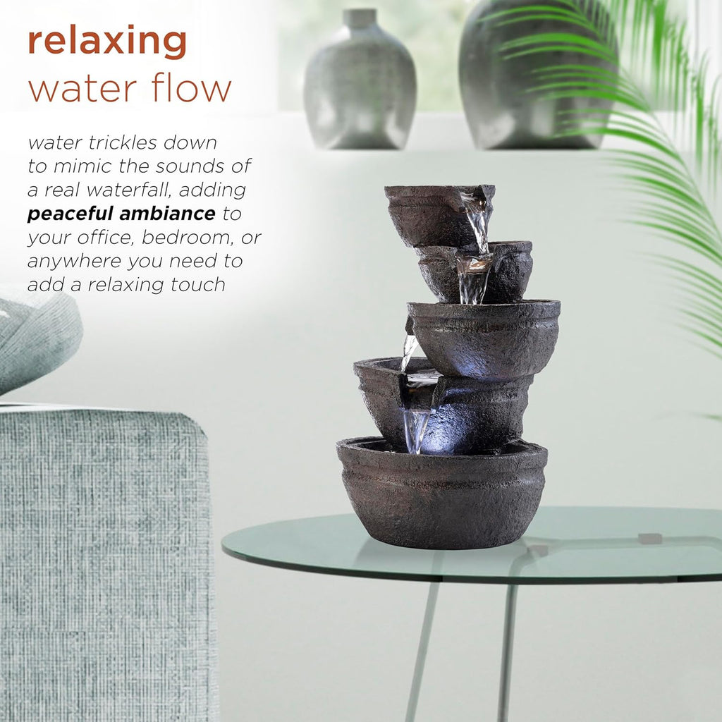 13" Indoor Tabletop Tiering Bowls Water Fountain with LED Lights - Cascading Water Feature, Meditation, Relaxation