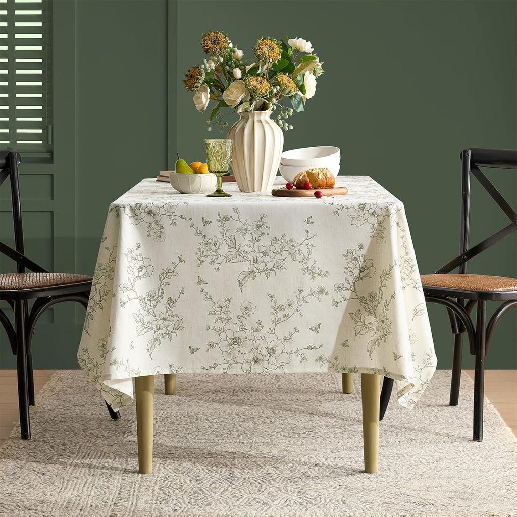 French Floral Tablecloths Rectangular Linen Table Cloth with Green Flowers Pattern Burlap Textured F