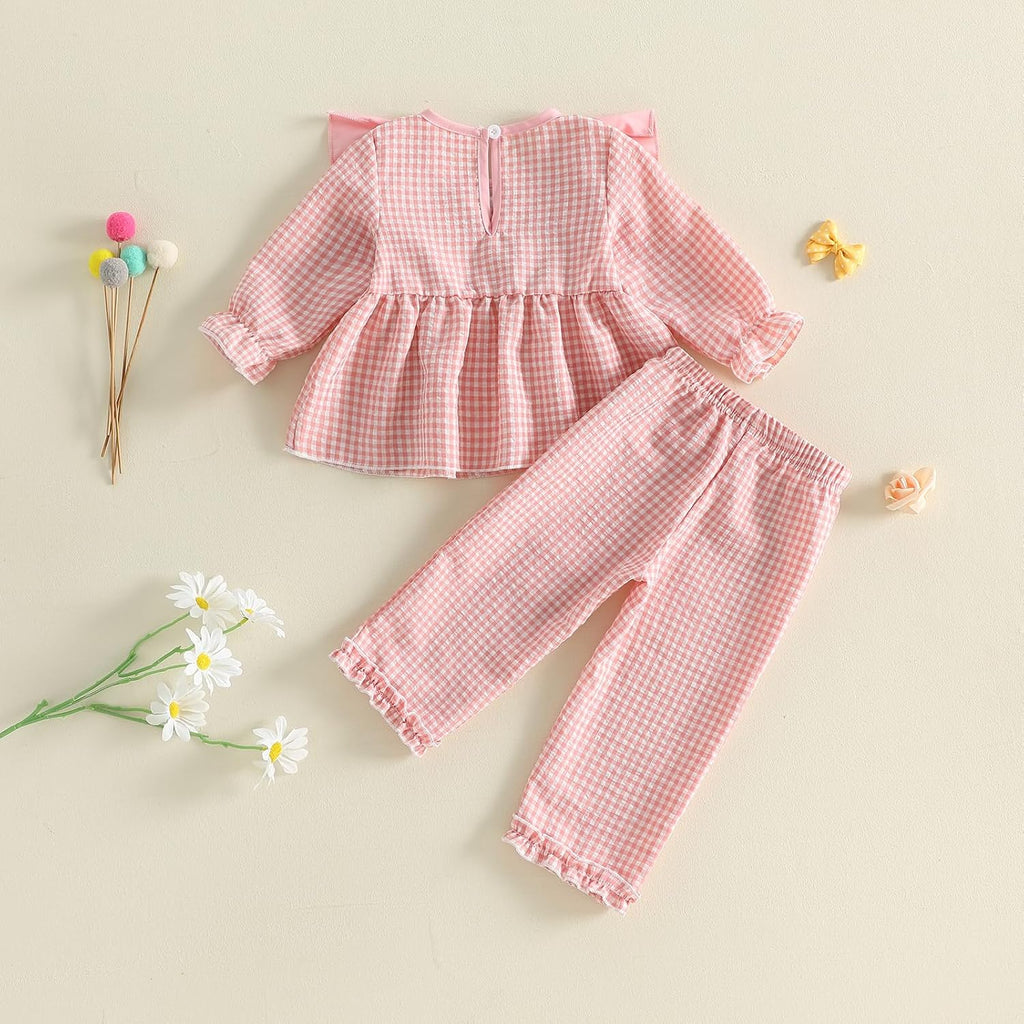 Toddler Baby Girl Fall Clothes Plaid Long Sleeve Ruffle Shirt Top Pants Set