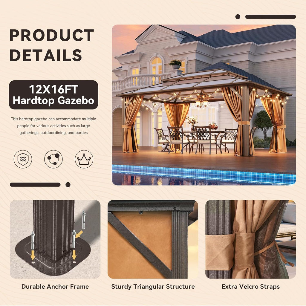 12'x16' Hardtop Gazebo, Outdoor Metal Gazebo with Double Polycarbonate Roof Canopy