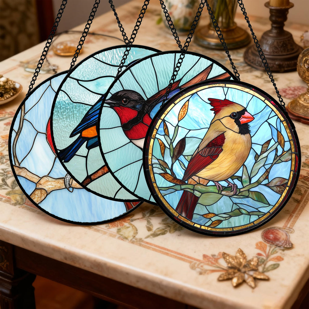 Stained Glass Window Hanging 4 Pcs Set Cardinal Blue Birds 9.8" - Suncatcher Door Garden Decor Birthday Mother's Day