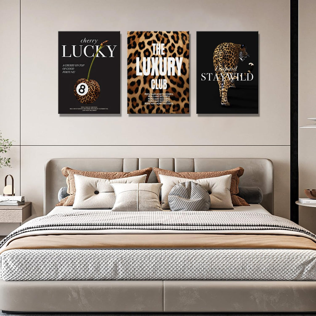 Fashion Leopard Wall Art Set of 3, Trendy Animal Print Canvas Wild Cheetah Inspirational Lucky 8 Ball Painting Wall