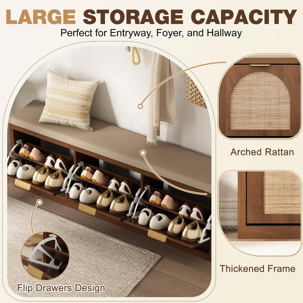 Rattan Narrow Entryway Bench with Shoe Storage, 3 Flip Drawers & Coat Rack, Mid-Century Modern Wood Shoe Cabinet with