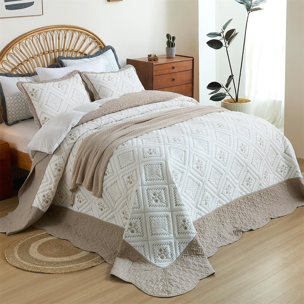 Oversized King Quilt Set Taupe-128x120 Super King Bedspread with 2 Pillow Shams-Exquisite Embroidery Bedding