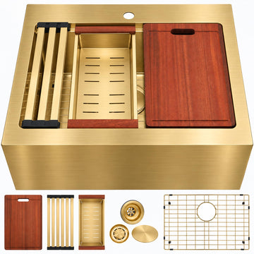 28 Inch Gold Farmhouse Sink, 16 Gauge Drop-In Apron Front Farm Sink