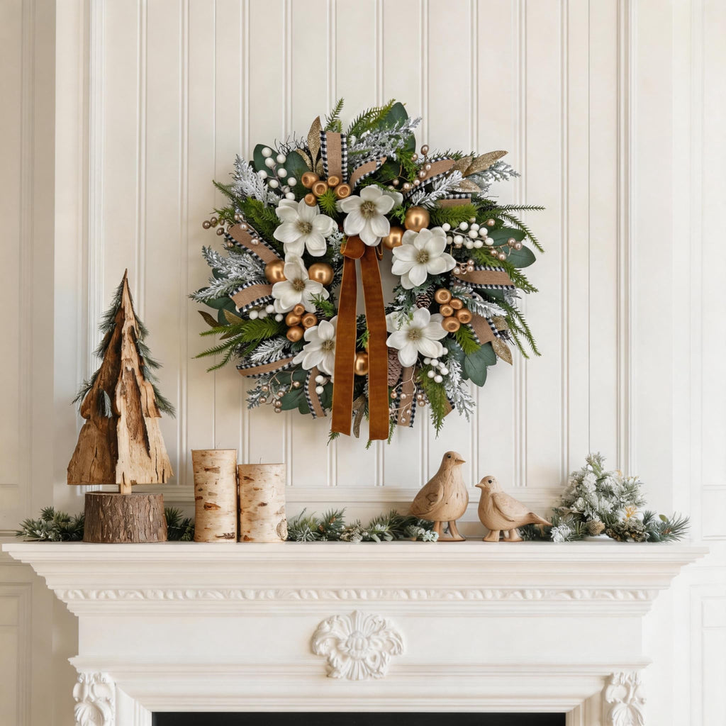 24 inch Farmhouse Christmas Front Door Wreath, Winter Magnolia & Pine